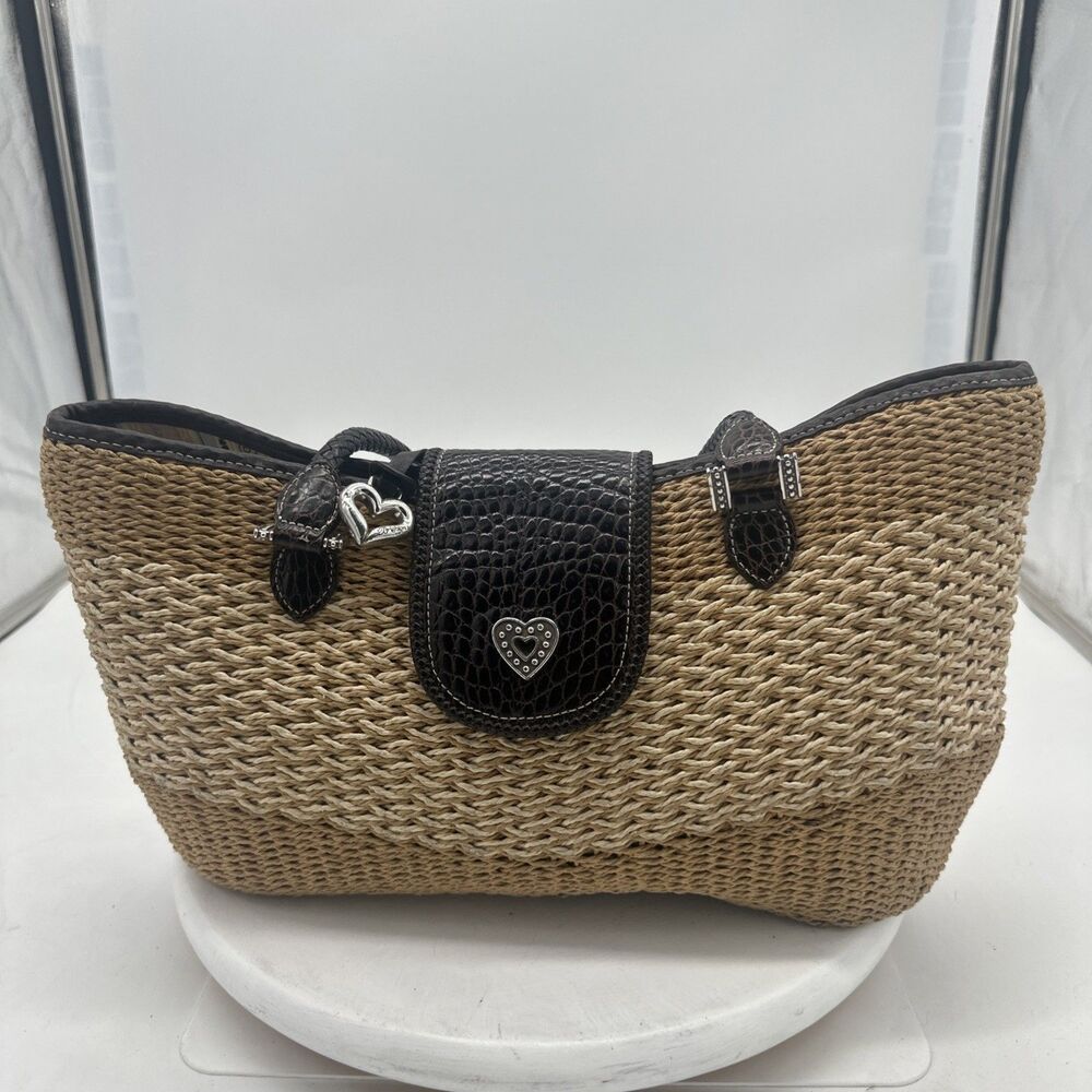 Brighton Savannah Two Tone Woven Straw Tote With Braided Leather Straps